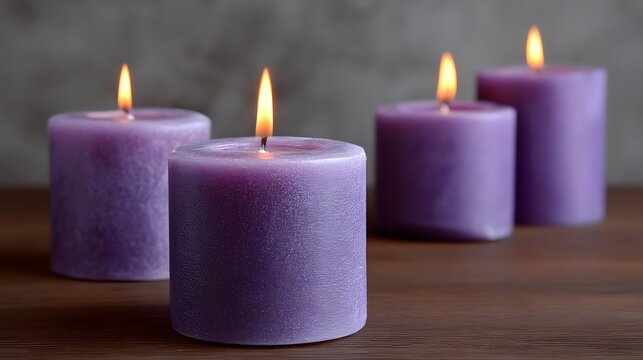 Serene atmosphere created by four gently lit purple pillar candles arranged on a warm wooden surface