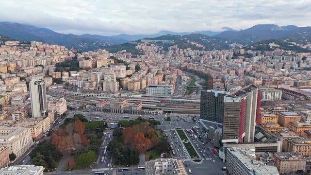 Aerial view of Genova Brignole Station and cityscape, vibrant urban life
