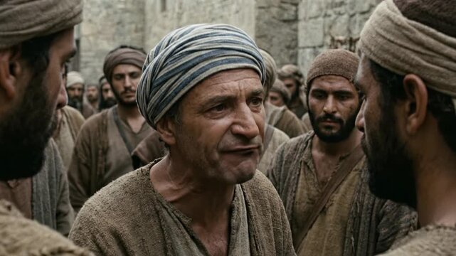 Cinematic biblical scene of a stern man pharisee wearing a blue and white turban standing among a crowd of other religious men during an ancient historical period in stone city