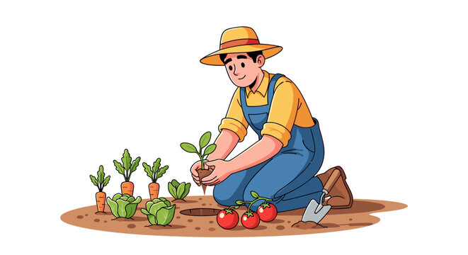 Farmer Planting Vegetable Seedlings in Soil.