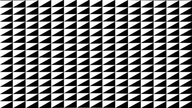 A mesmerizing seamless loop of black and white triangles forming an intricate geometric pattern. Ideal for abstract backgrounds, motion graphics, or visual art projects. Creates a hypnotic optical