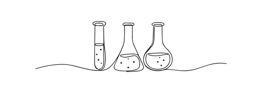 Hand drawn continuous line illustration of laboratory test tubes for science. Single line artwork representing chemistry research, scientific experiments, education, and laboratory study.