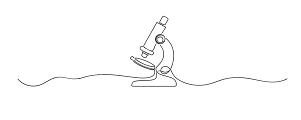Hand drawn continuous line illustration of a laboratory microscope. Single line artwork representing scientific research, biology study, education, and laboratory analysis. © bakul garis