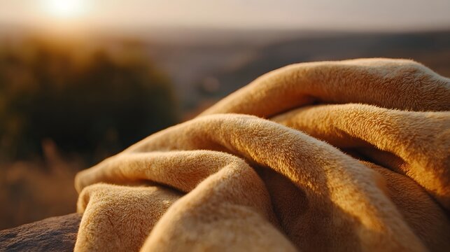 A soft warm blanket draped over a rock during the golden hour with a blurred landscape in the background
