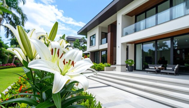A luxury villa exterior featuring a balcony and scenic garden with flowers under a blue summer sky