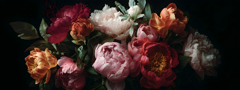 A stunning artistic arrangement of vibrant peonies and delicate flowers captured in a dramatic low-key lighting style