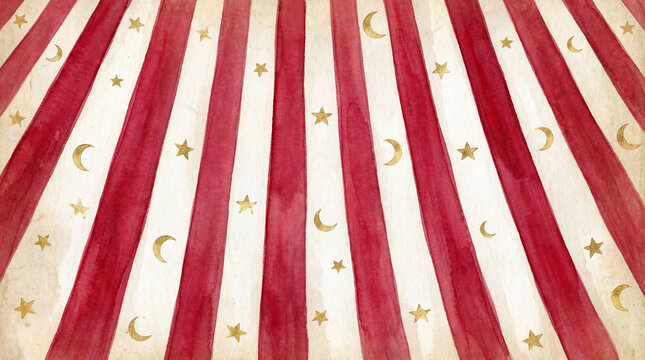 circus tent background, red stripes, golden stars and moons