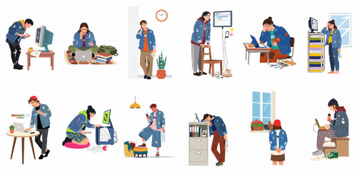 Fototapeta premium Illustrations of stressed young adults battling work and study burnout, dealing with technology challenges, tight deadlines, and overwhelming tasks.