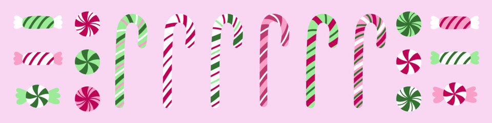 Christmas striped Candy canes and sweets. Festive pink, green and white stripes. Christmas candy canes vector elements for greeting cards, decor and banners design © Катерина Тышковская