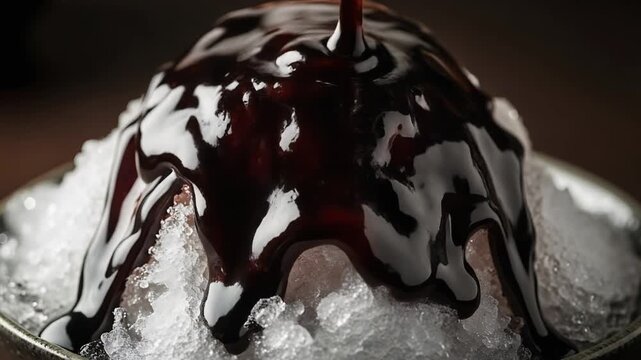 Extreme close-up, a slow, thick drizzle of dark, glossy palm sugar syrup (gula aren) over shaved ice, capturing the glossy texture