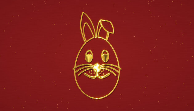 Illustration of a Happy Easter greeting card with a golden Easter egg and rabbit face on a red background with glitter &ndash; vacation concept.
