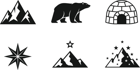 Arctic Adventure and Winter Nature Icon Set Featuring Polar Bear, Snow Igloo, Mountain Peaks with Stars, Compass Star, and Ice Berg © Boby