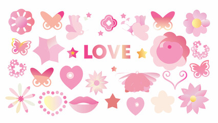 A collection of pink and white decorative elements including butterflies and flowers