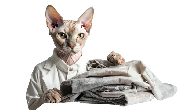 A Sphynx cat in a white lab coat, holding folded laundry against a black background
