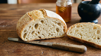 Naklejka premium freshly baked bread with honey and knife on wooden table