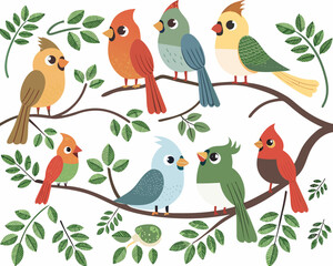 Naklejka premium A colorful collection of cartoon birds perched on branches