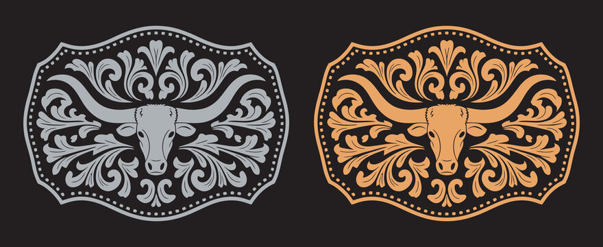 Longhorn Bull Label Belt Buckle Wild West Cowboy Style Tag Design, Gold Silver Stylized Silhouette, Western Rodeo Vector Illustration