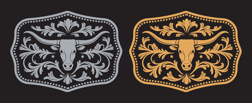 Longhorn Bull Label Belt Buckle Wild West Cowboy Style Tag Design, Western Rodeo Emblem, Gold Silver Stylized Silhouette Vector Art