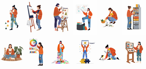 Fototapeta premium Illustrations of a Creative Woman's Journey: Art, Design, Learning, Problem-Solving, and Professional Development Activities