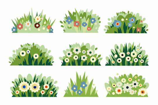 Colorful floral arrangements with grass and various wildflower designs