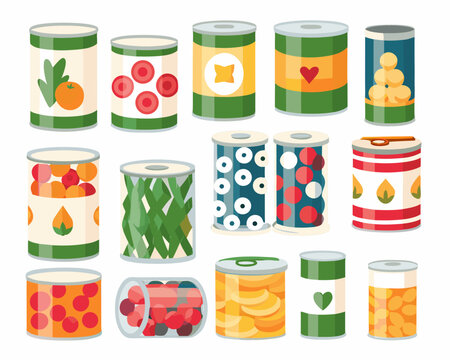 Colorful assortment of canned goods with various fruits and vegetables