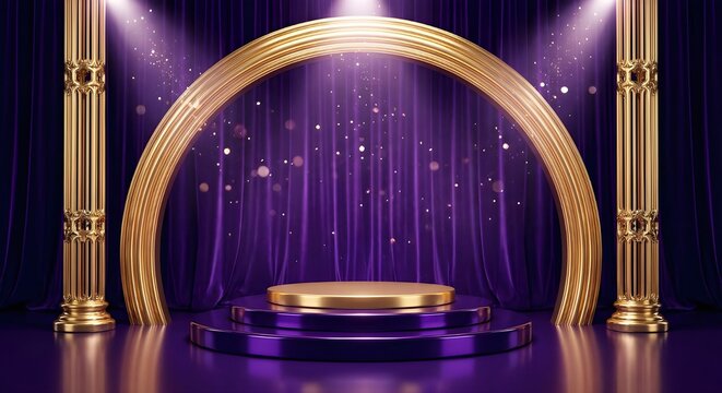 Luxurious 3D rendered presentation stage with golden arch, columns, and purple velvet backdrop, perfect for awards.
