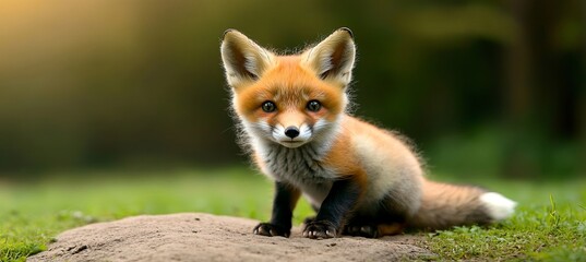 Adorable Baby Fox Cub with Fluffy Fur on a Green Meadow, Emphasizing Wildlife Conservation and Love