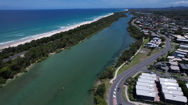 Mooball Creek, Tweed Coast Road and Pottsville Town In New South Wales, Australia. - aerial shot