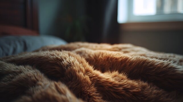 Close up of a fluffy warm brown blanket creating a cozy and inviting atmosphere in a bedroom