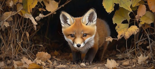 Fototapeta premium Adorable red fox cub cautiously emerging from its cozy den, exploring the beauty of wild nature.