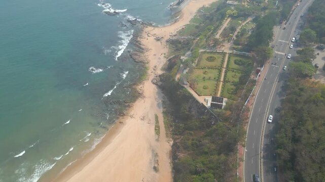 Aerial view of RK Beach, Bheemunipatnam Beach, Natural rock arch, Tenneti Park, MV MAA Ship, Visakhapatnam, India.