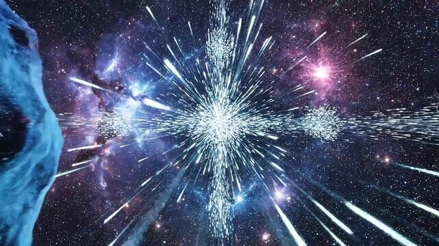 Cosmic explosion in deep space with stars and asteroids flying everywhere in a spectacular display of celestial bodies