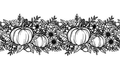 SEO Title: Decorative Seamless Fall Border Frame with Pumpkins Leaves and Flowers Vector © MD