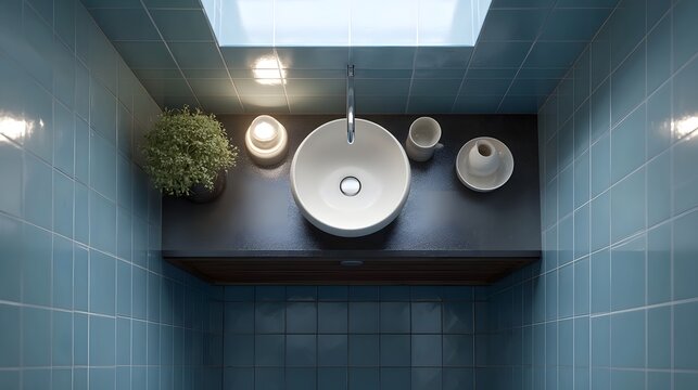 Serene overhead perspective of a minimalist bathroom vanity with a sleek white sink green plant candle and ambient lighting