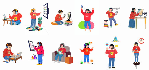Fototapeta premium Children Engaged in Diverse Online Learning, Digital Activities, and Creative Play at Home, Embracing Modern Education and Entertainment.