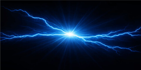 A glowing blue lightning bolt flashes through the dark night sky, creating a bright motion effect of magic energy against a black galaxy background of shining stars and celestial light © Fahid