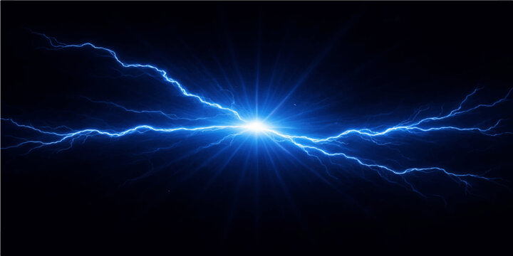 A glowing blue lightning flash creates a digital explosion of energy and light against the dark night sky, featuring magic motion lines and bright star effects for a tech wallpaper design