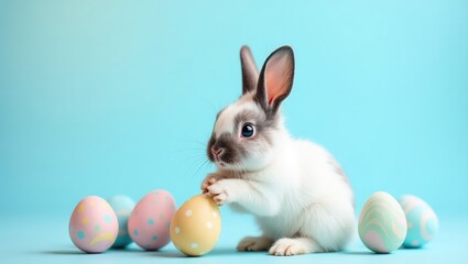 Adorable baby bunny with fluffy white and gray fur playing with colorful easter eggs on pastel blue background