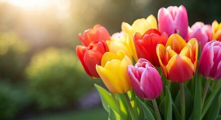 Vibrant Spring Tulip Bouquet with Colorful Petals and Soft Sunlight Background for Freshness