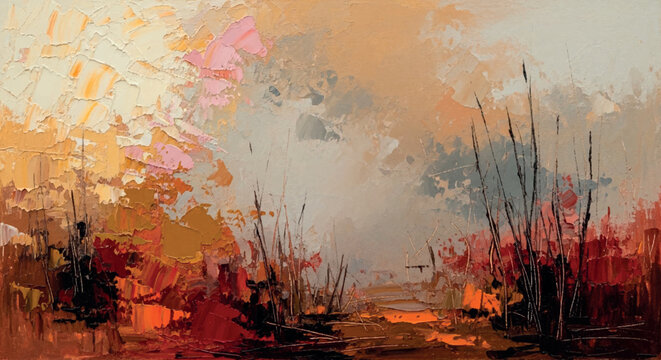 Abstract impressionist landscape painting with warm orange red tones and textured brushstrokes