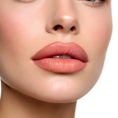 Beauty makeup and aesthetic medicine concept: Close up of plump woman's lips and smooth complexion