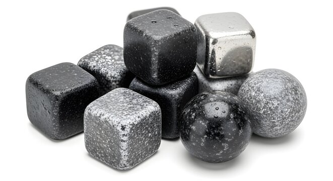Assortment of reusable metal and stone whiskey chilling cubes and spheres piled together