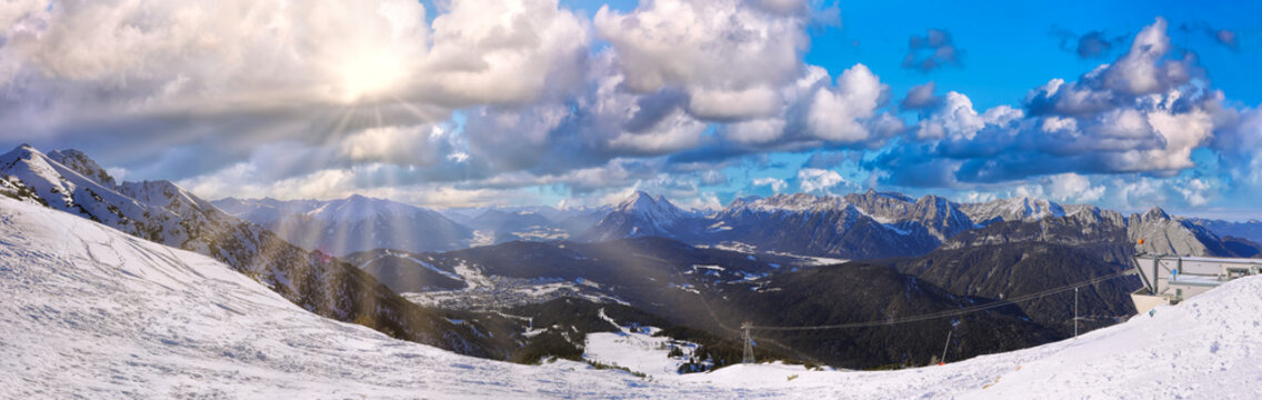 Panorama of winter landscape with snow covered Alps in Seefeld inTirol, Austria
