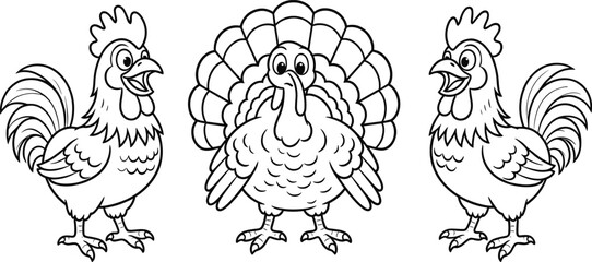 Hand Drawn Vector Illustration Set of Cute Cartoon Rooster and Turkey Characters in Line Art Style for Kids Coloring Book and Farm Animal Education © MstMerezan
