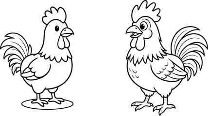 Hand Drawn Vector Illustration Set of Two Cute Cartoon Rooster Characters in Line Art Style for Kids Coloring Book and Farm Animal Education © MstMerezan