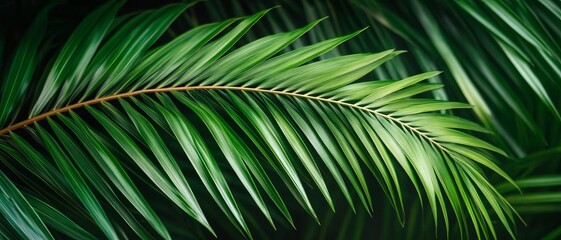 Obraz premium Vibrant and Lush Green Palm Fronds Forming a Tropical Paradise Backdrop with Rich Natural Textures