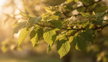 Fototapeta premium Sunlight on Green Leaves: Warm Golden Hour Nature Backdrop for Growth