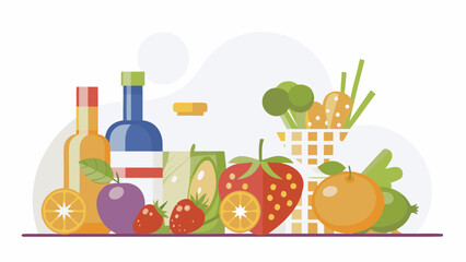 A colorful still life illustration featuring fruits bottles and a basket