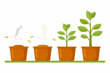 Two geese flying towards potted plants in a simple colorful illustration © MihirKumarMondal