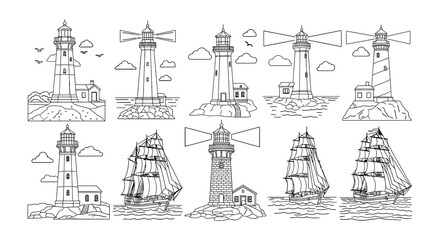 Collection of nautical themed line drawings featuring lighthouses and sailboats © Nayem